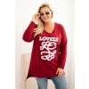 Dámská blůza Plus Size bavlněná s nápisem a V výstřihem bordó (Velikost XXXL, Barva Bordó)