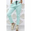pružné kalhoty v pase na gumu mint