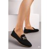 Dámské černé mokasíny se zlatou sponou na noze, nízká podrážka