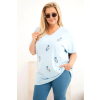 Dámská bavlněná halenka Plus Size s peříčky modrá (Velikost universal, Barva Modrý)