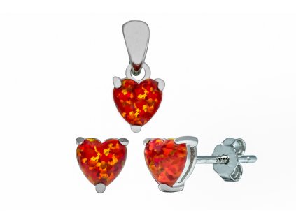 Stříbrná sada opálové srdce ruby  Rhodiované stříbro Ag 925/1000 s opálem, stříbrný řetízek a krabička zdarma