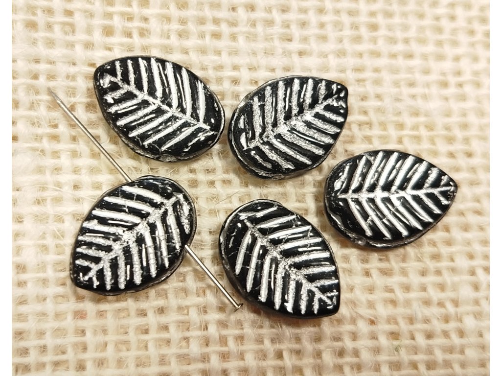 Skleněný lístek - černý s bílým žilkováním