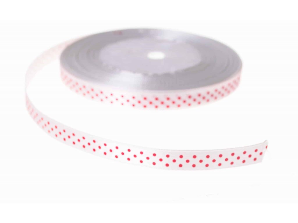 Taftová stuha 1 cm - bílá s červenými puntíky