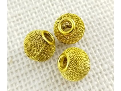 Kovový pletený korálek - kulička 14x12mm - zlato