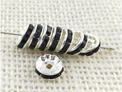 Štrasová rondelka - stříbrná - černé kamínky - 10mm