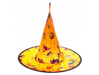 Oranžový klobouk na čarodějnici s duhovými motivy