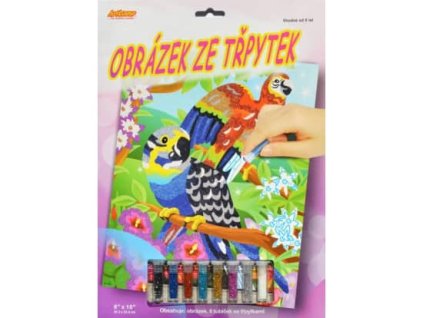 Obrázek ze třpytek - papoušci