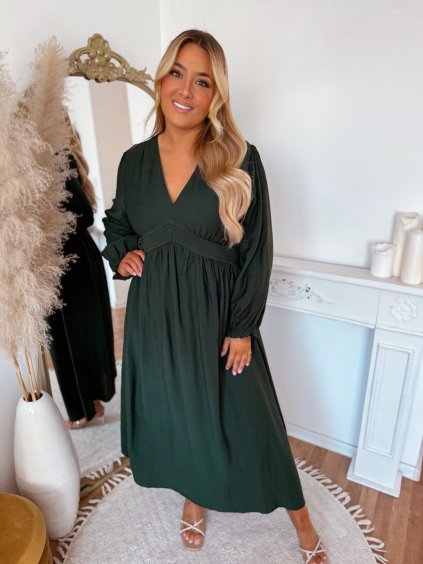 Dlouhé tmavě zelené šaty s dlouhým rukávem