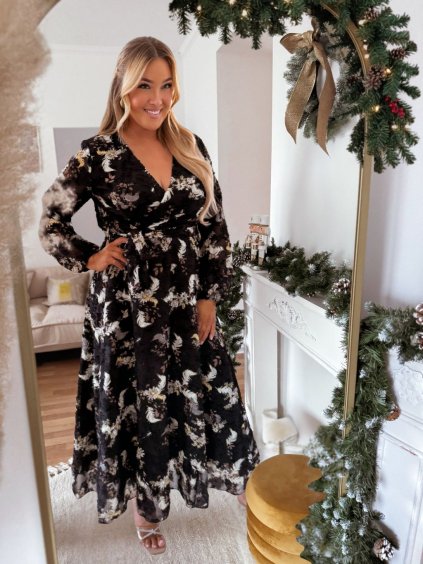 Květované černé dlouhé šaty s páskem