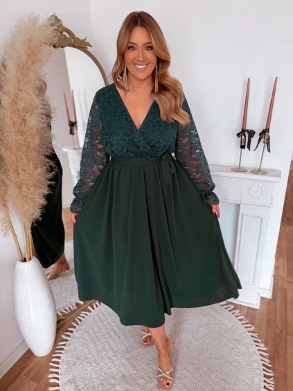 Tmavě zelené šaty s krajkovým vrškem