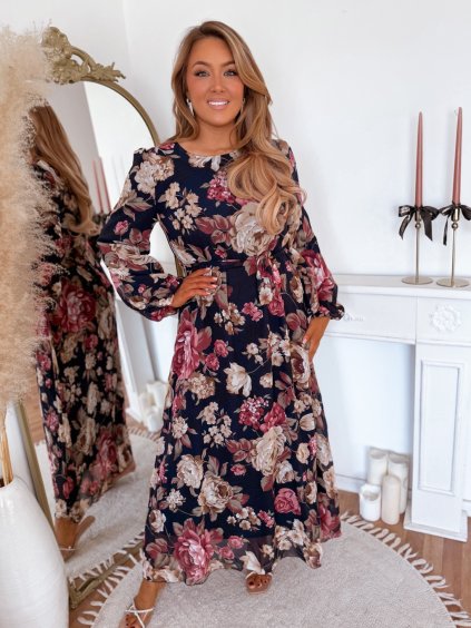 Tmavě modré elegantní šaty s květinami