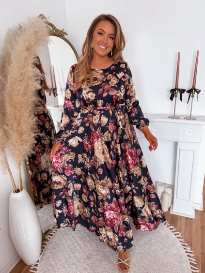 Elegantní dlouhé saténové šaty v tmavě modré barvě s květy