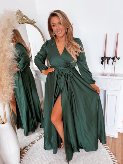Tmavě zelené saténové šaty