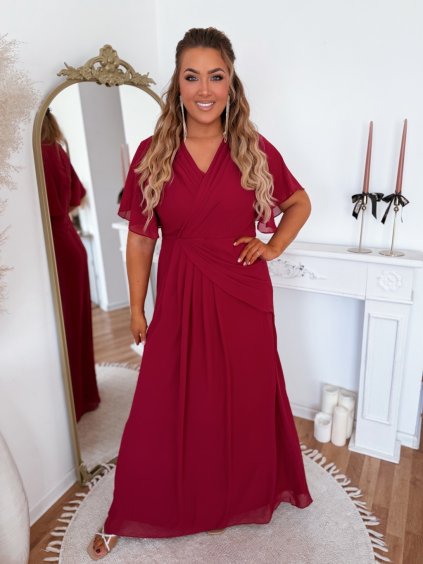 Společenské šaty s krátkým rukávem - vínová