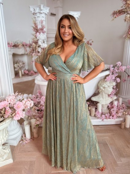 Dlouhé společenské šaty v tyrkysově zlaté