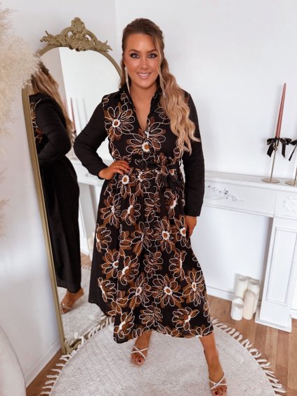 Černé košilové šaty s vyšívanými květy