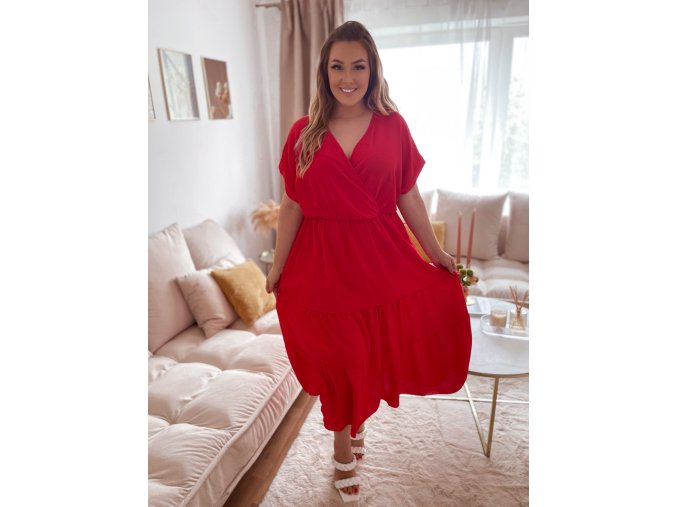 Dlouhé volné šaty s krátkým rukávem v červené (Veľkosť XL/XXL)