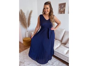 Dlouhé plisované šaty s páskem bez rukávů - tmavě modrá (Veľkosť L/XL)