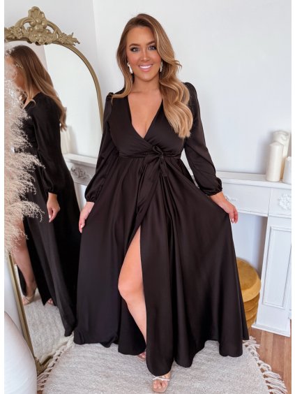 fekete szatén ruha L