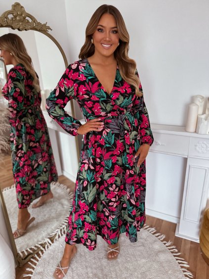 Hosszú fekete ruha színes virágokkal