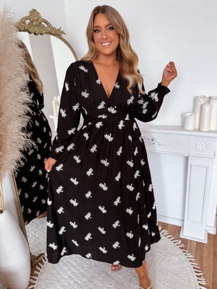 Hosszú ruha hímzett virágokkal - fekete