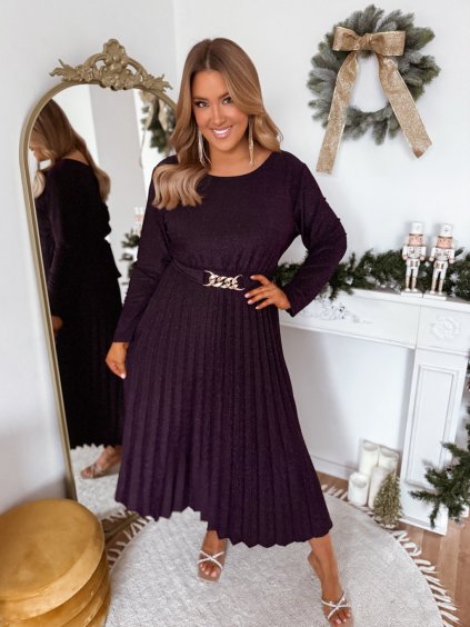 Sötétlila csillogó ruha rakott szoknyával