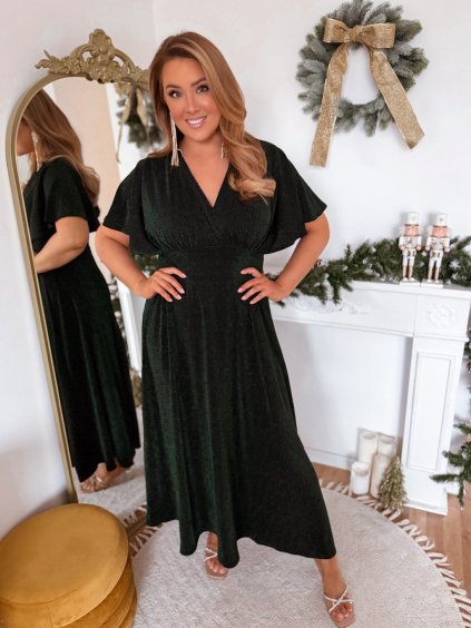 Hosszú sötétzöld ruha rövid ujjal