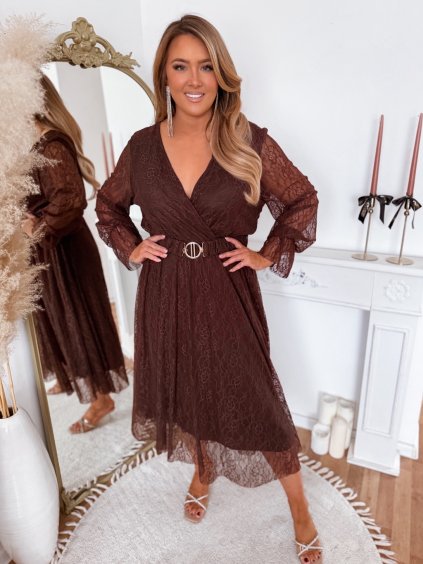 Elegáns barna midi csipkeruha