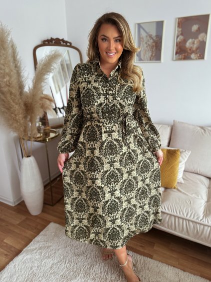 Zelené vzorované šaty s dlhým rukávom
