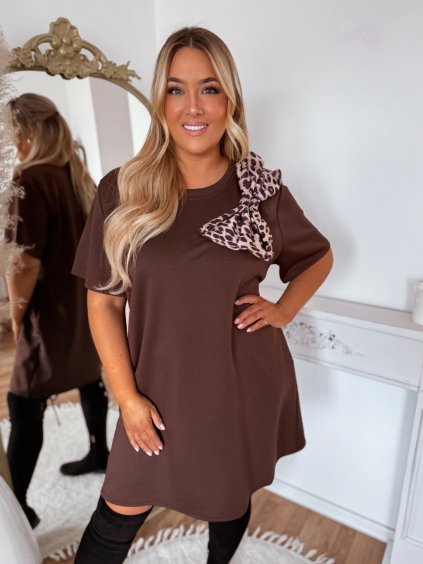 Hnedé šaty s leoparďou mašľou