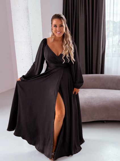 Spoločenské saténové šaty - čierna