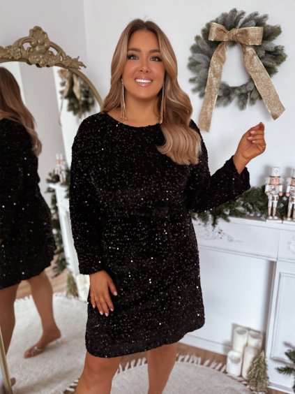 Čierne flitrované šaty s opaskom