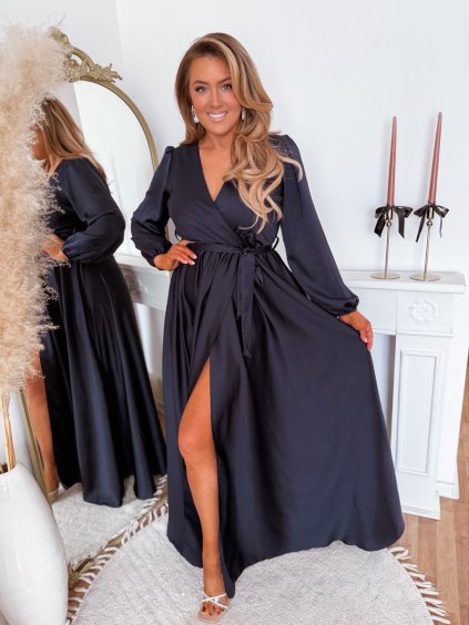 Tmavomodré saténové šaty