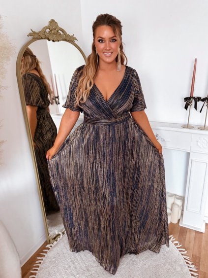 Dlhé tmavomodro-zlaté spoločenské šaty