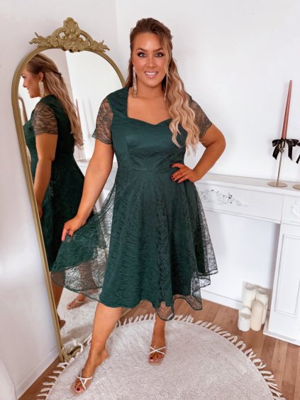 Tmavozelené midi čipkované šaty