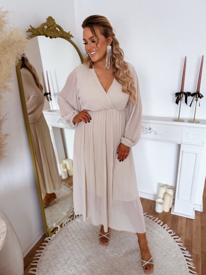 Dlhé béžové plisované šaty