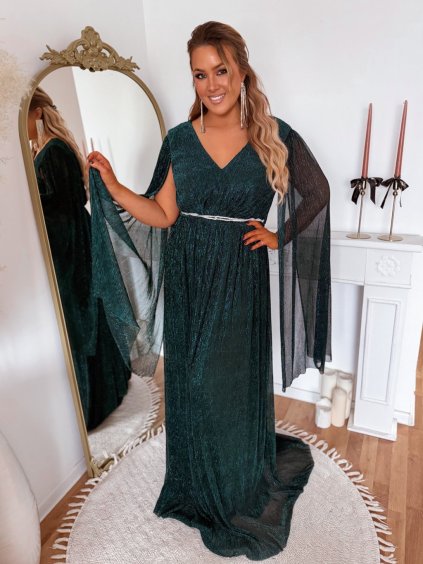 Spoločenské šaty s opaskom - tmavozelené