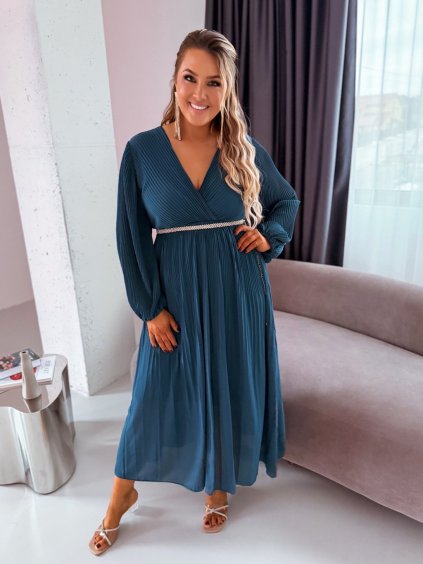 Petrolejové dlhé plisované šaty