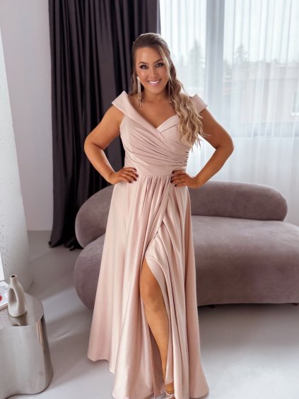 Spoločenské šaty s odhalenými ramenami - béžová