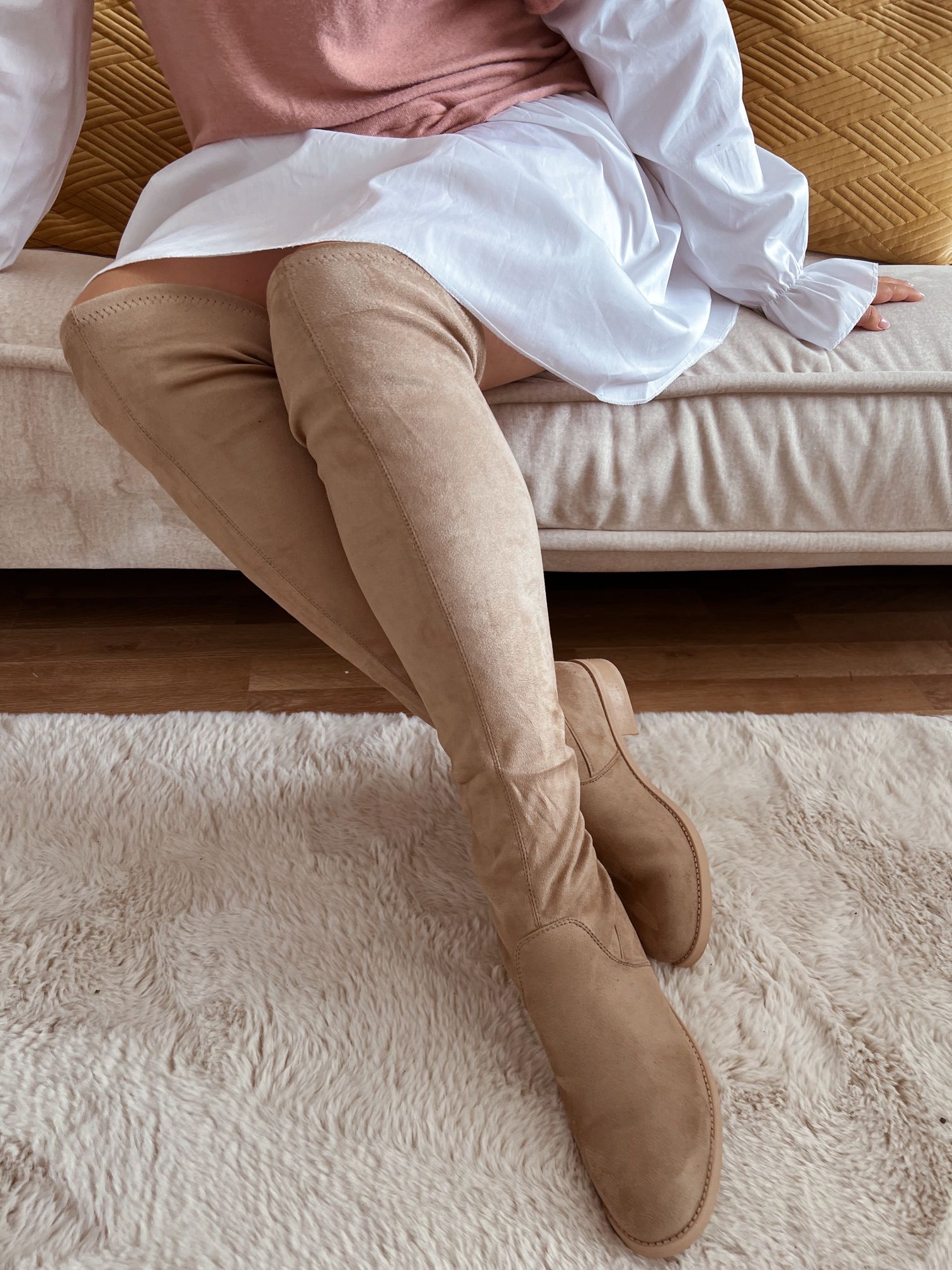 ZAZZA Béžové čižmy nad kolená s efektom semišu Veľkosť: 40