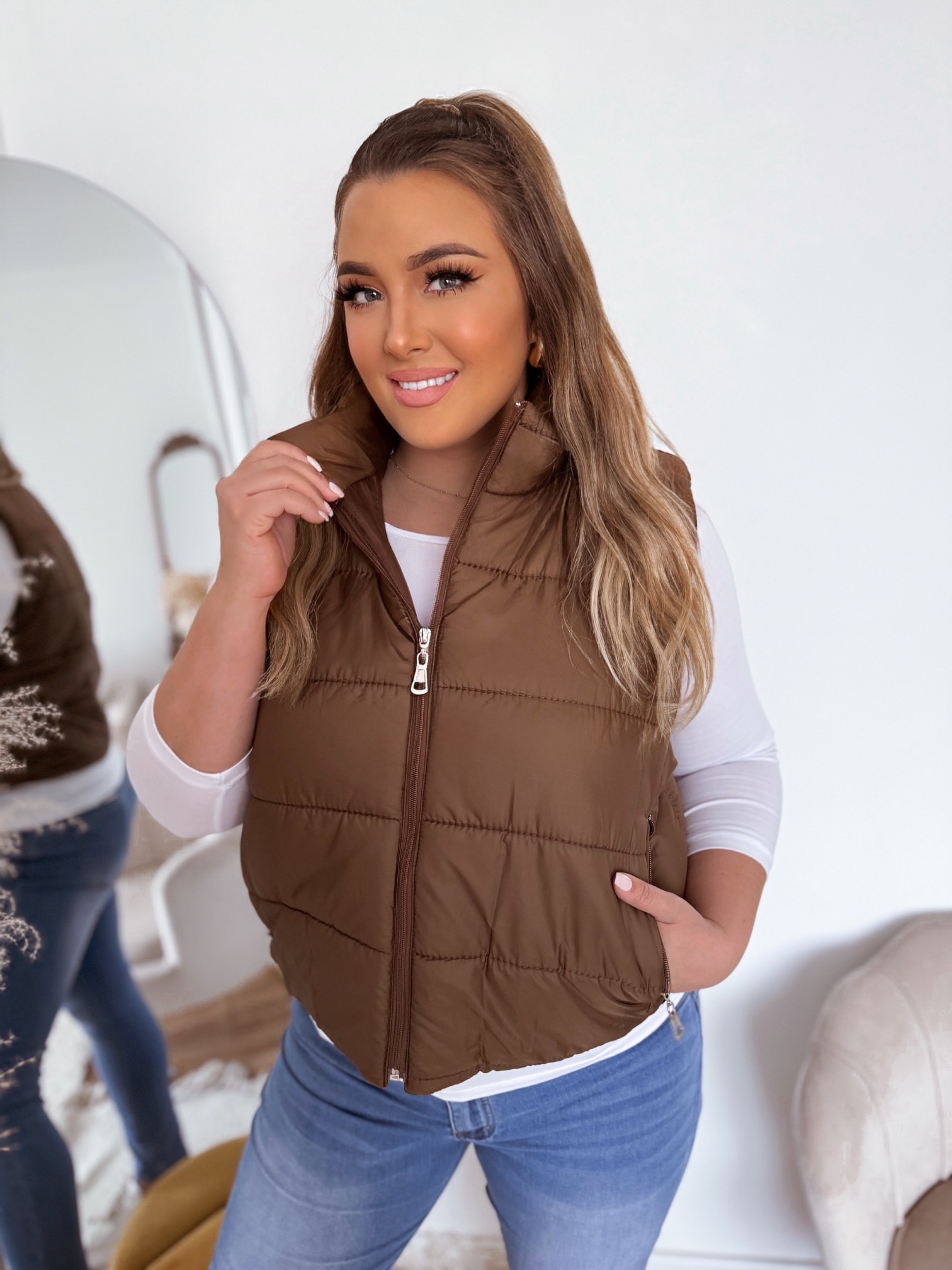 ZAZZA Krátke hnedá prešívana vesta Veľkosť: XL