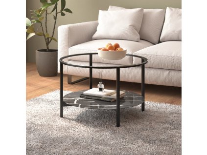 Čajový stolek černý a černý mramor 70 cm tvrzené sklo