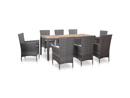 9dílný zahradní jídelní set s poduškami polyratan šedý