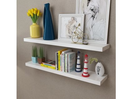 2 bílé nástěnné plovoucí MDF police na knihy a DVD