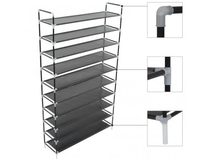 Botník s 10 policemi kov a netkaná textilie černý