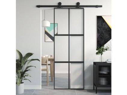 Posuvné dveře černé 76 x 205 cm tvrzené sklo a hliník