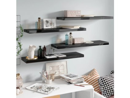 Plovoucí nástěnné police 4 ks lesklé černé 90x23,5x3,8 cm MDF