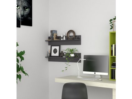 Nástěnné police 2 ks šedé vysoký lesk 80x11,5x18 cm kompozit