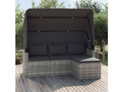 3místná zahradní pohovka se stříškou a podnožkou šedá polyratan
