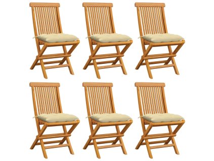 Zahradní židle s krémově bílými poduškami 6 ks masivní teak